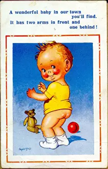 Comic postcard, Toddler with teddy bear and ball Date: 20th century