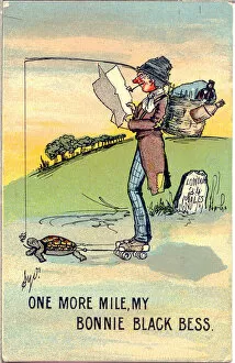 Images Dated 24th March 2021: Comic postcard, Travelling on rollerskates, pulled by a tortoise Date