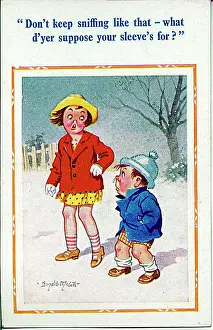 Uncomfortable Prints: Comic postcard, Unhappy girl and boy in the snow Date: 20th century