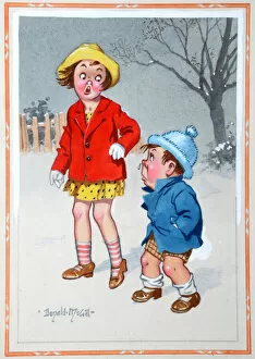 Comic postcard, Unhappy girl and boy in the snow Date: 20th century