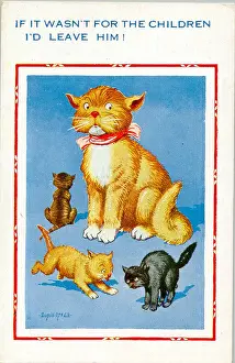 Leave Prints: Comic postcard, Unhappy mother cat with kittens Date: 20th century
