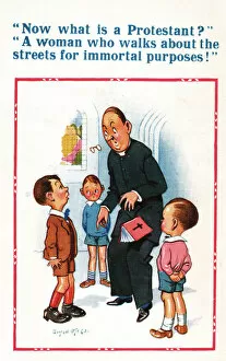 Images Dated 17th March 2021: Comic postcard, Vicar and three boys - definition of a Protestant Date: 20th century
