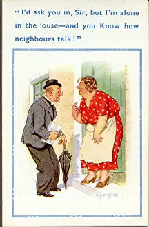 Comic postcard, Vicar calls at womans house Date: 20th century