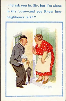 Comic postcard, Vicar calls at woman's house Date: 20th century Comic postcard, Vicar calls at woman's house Date: 20th century
