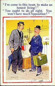 Honest Prints: Comic postcard, Vicar chats with new arrival Date: 20th century