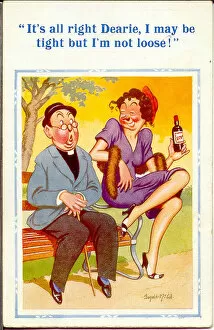 Morals Gallery: Comic postcard, Vicar and drunk woman in park