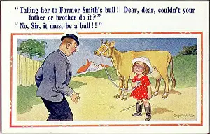 Mating Prints: Comic postcard, Vicar with little girl and cow Date: 20th century