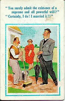Comic postcard, Vicar with married couple Date: 20th century