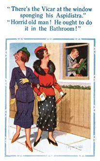 Vicar Prints: Comic postcard, the vicar sponges his aspidistra Date: 20th century