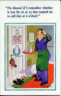 Corridor Prints: Comic postcard, Waiter with tray in hotel corridor - early morning call Date: 20th century