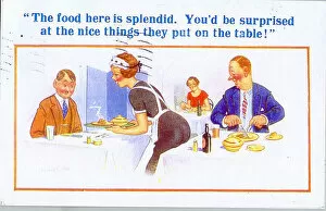 Comic postcard, Waitress serving in a restaurant