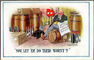 Scotch Prints: Comic postcard, wartime alcohol and fuel restrictions - ensuring a good supply! Date: circa 1916-1918