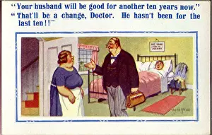 Meaning Prints: Comic postcard, Wife, sick husband and doctor Date: 20th century