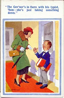 Comic postcard, Wife visits husband at his office Date: 20th century Comic postcard, Wife visits husband at his office Date: 20th century