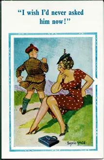 Handbag Prints: Comic postcard, Woman annoys Scotsman Date: 20th century