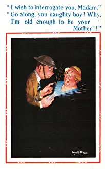 Blackout Prints: Comic postcard, woman and ARP man in blackout, WW2