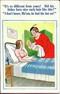 Childbirth Prints: Comic postcard, Woman with baby in maternity home Date: 20th century