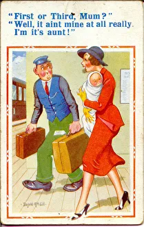 Aunt Collection: Comic postcard, Woman, baby and station porter