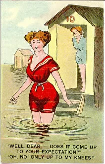 Holidays Gallery: Comic postcard, Woman bathing in the sea - only up to my knees! Date: 20th century
