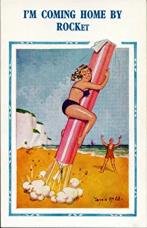 Comic postcard, Woman on beach riding stick of rock Date: 20th century Comic postcard, Woman on beach riding stick of rock Date: 20th century