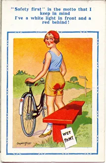 Comic postcard, Woman with bicycle on country lane Date: 20th century Comic postcard, Woman with bicycle on country lane Date: 20th century