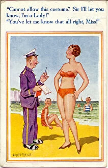 Morality Collection: Comic postcard, Woman in bikini and beach inspector Date: 20th century