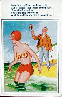 Comic postcard, Woman in bikini at the seaside - the top part is a man's old school tie! Date: 20th century
