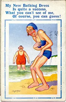 Verse Prints: Comic postcard, Woman in blue bikini at the seaside Date: 20th century