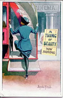 Thing Prints: Comic postcard, Woman boarding a bus outside a cinema - A thing of beauty now showing