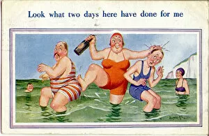 Kicking Gallery: Comic postcard, Woman with bottle of beer in the sea