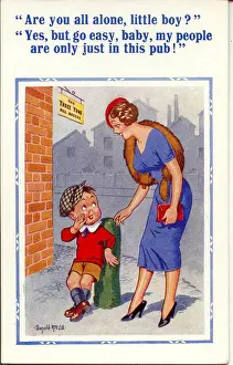 Comic postcard, Woman and boy outside a pub Date: 20th century
