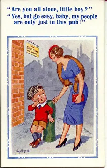 Comic postcard, Woman and boy outside a pub Date: 20th century Comic postcard, Woman and boy outside a pub Date: 20th century