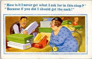 Assistant Prints: Comic postcard, Woman buying material in a shop