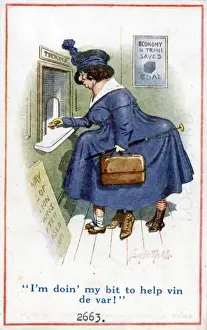 Skirts Prints: Comic postcard, Woman buying rail ticket with two children hiding under her skirts