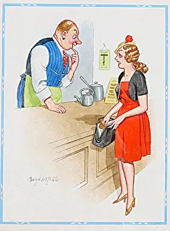 Comic postcard, Woman at cafe counter, short of money Date: 20th century Comic postcard, Woman at cafe counter, short of money Date: 20th century
