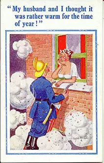 Comic postcard, Woman chats to fireman at window Date: 20th century