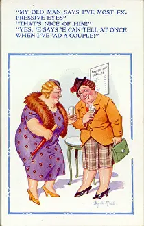 Handbag Prints: Comic postcard, Woman chats to a friend about her husband Date: 20th century