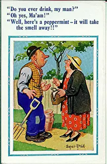 Comic postcard, Woman chats to gardener Date: 20th century