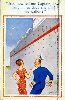 Comic postcard, Woman chats with ship's captain Date: 20th century Comic postcard, Woman chats with ship's captain Date: 20th century