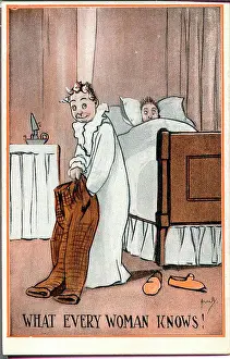 Checking Prints: Comic postcard, Woman checking man's trouser pockets. Date: 20th century