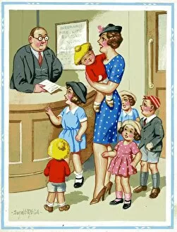 Comic postcard, Woman with six children