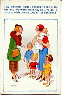 Surprised Gallery: Comic postcard, Woman with four children getting divorced Date: 20th century