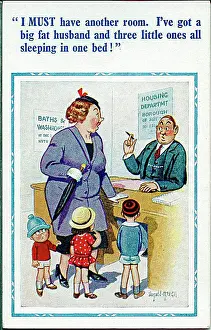 Comic postcard, Woman, children and housing department Date: 20th century