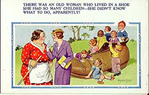 Experienced Prints: Comic postcard, Woman, children and shoe