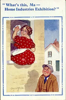 Comic postcard, Woman cleaning window Date: 20th century