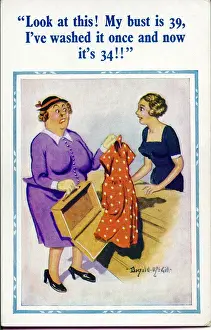 Smaller Prints: Comic postcard, Woman complains about dress size Date: 20th century