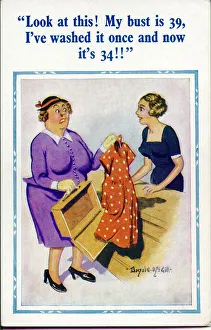 Comic postcard, Woman complains about dress size Date: 20th century Comic postcard, Woman complains about dress size Date: 20th century