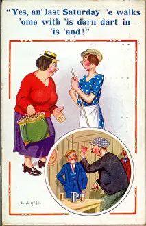 Comic postcard, Woman complains about husband Date: 20th century