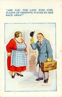 Pinafore Prints: Comic postcard, Woman and council official Date: 20th century