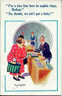 Napkin Prints: Comic postcard, Woman customer and shop assistant - napkin rings Date: 20th century